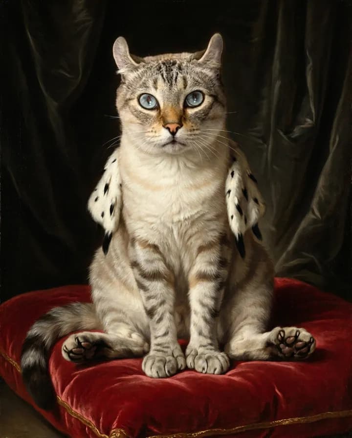 Royal portrait of a blue-eyed lynx point polydactyl cat
