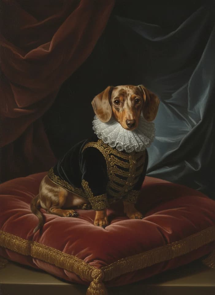 Baroque royal portrait of Pingo, a dapple dachshund in a velvet coat